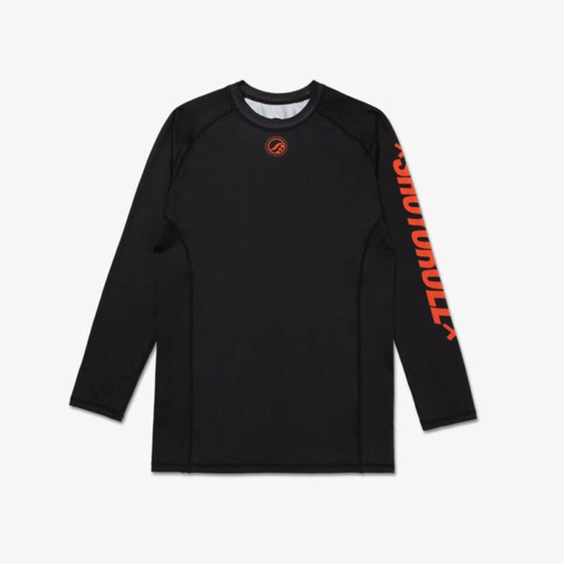 Shoyoroll Ember Black BJJ Rash Guard Long Sleeve on model, front view, showcasing durable, comfortable design for Brazilian Jiu-Jitsu training