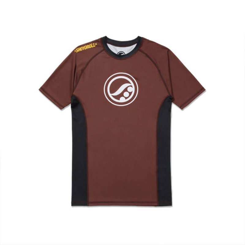 Shoyoroll Ranked Rash Guard Brown SS on a white background, featuring a black Shoyoroll logo on the chest and sleeve, designed for BJJ no-gi training.