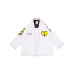 Albino & Preto Wu-Tang BJJ gi with "Shaolin" embroidery and Wu-Tang Clan logo on shoulder, displayed on a white background.