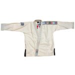 Close-up of a cheap Nike BJJ gi Albino & Preto, featuring a lightweight pearl weave Jiu Jitsu uniform with the iconic Albino & Preto x Nike collaboration logo, ideal for Brazilian Jiu Jitsu training and competitions.