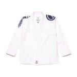 White Shoyoroll Batch 20.3 BJJ Gi with black shoulder logo, lightweight and IBJJF-approved, displayed folded on a white background