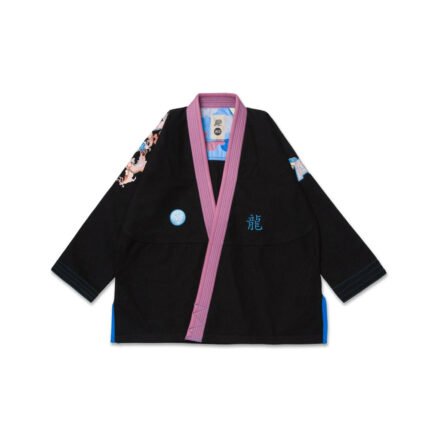Albino and Preto Year of the Dragon BJJ Gi: Limited-edition black pearl weave kimono with vibrant peach, blue, lavender, and orange dragon-inspired accents, IBJJF-approved for Brazilian Jiu-Jitsu training and competition.