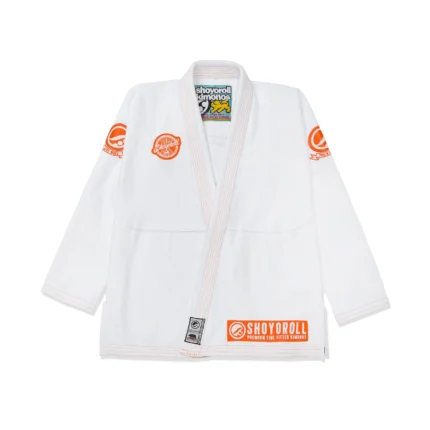 Shoyoroll Ember BJJ Gi with reinforced stitching, lightweight design, and vibrant red and orange patches, ideal for competition and training.
