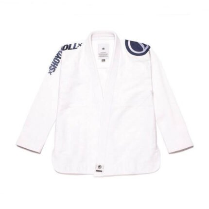 White Shoyoroll Batch 20.3 BJJ Gi with black shoulder logo, lightweight and IBJJF-approved, displayed folded on a white background