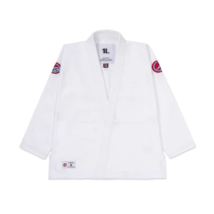 BJJ Comp Standard Gi by Shoyoroll 24.4 in white, displayed on a mannequin, featuring a 475gsm Pearl Weave jacket and 10oz Diamond Ripstop pants.