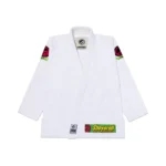 Shoyoroll Rasta Competitor BJJ Gi in white with green, yellow, and red Rasta accents, featuring pearl weave top and ripstop pants, ideal for Brazilian Jiu-Jitsu training.