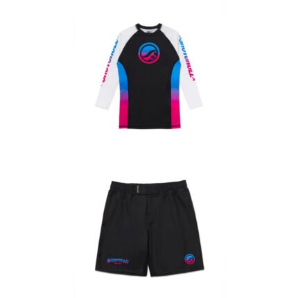 Shoyoroll Batch #149 Retro Gradient Rash Guard in vibrant blue-to-pink gradient, featuring a long-sleeve design with subtle chest and sleeve branding, ideal for BJJ and grappling.