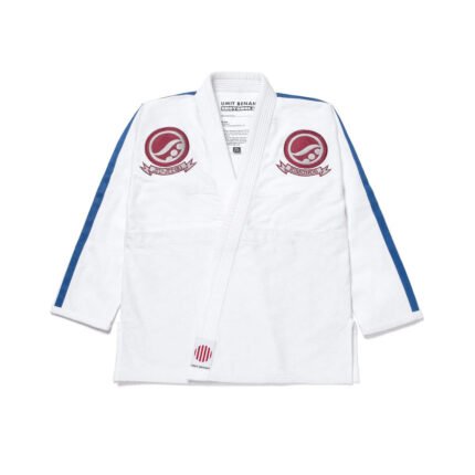 Shoyoroll Batch 107 BJJ Umit Benan V1 gi in white/maroon colorway, featuring embroidered logos and pearl weave design, displayed on a white background.