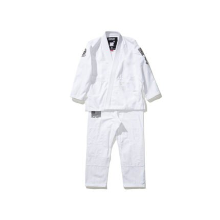 White Shoyoroll Batch #61 UND V2 BJJ Gi with Undefeated logo on collar, displayed folded on a black background. Limited-edition lightweight canvas weave gi for BJJ training, available on eBay/Etsy in 2025.