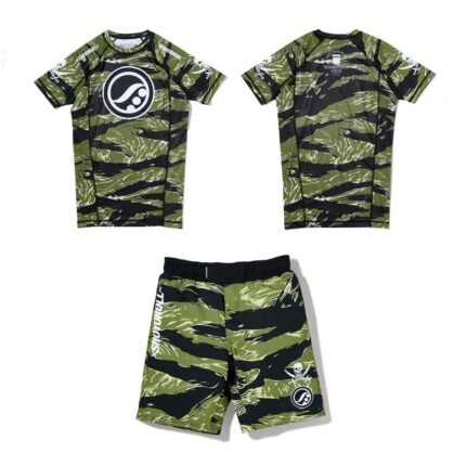 Close-up view of the Shoyoroll NBHD Rash Guard, featuring a sleek short-sleeve design in premium compression fabric with urban neighborhood-inspired graphics, perfect for BJJ training and rash protection.