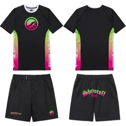 Shoyoroll Batch 149 Retro Rash Guard in black with vibrant gradient design, featuring subtle logo on chest and sleeve, ideal for BJJ and no-gi training.