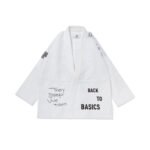 Albino & Preto TSWT BJJ Gi with embroidered logo, displayed on a white background, featuring 450 GSM pearl weave fabric and reinforced stitching for jiu-jitsu.