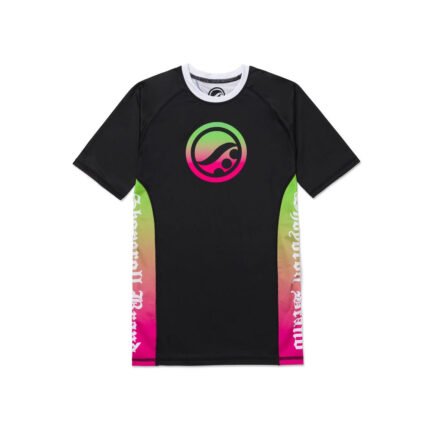 Shoyoroll Batch #149 Retro Gradient Short Sleeve Rash Guard form-fitting with flatlock stitching for BJJ training. Neutral background emphasizes the vibrant, retro-inspired design.