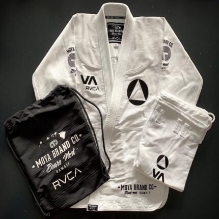 White RVCA Moya BJJ Gi with black embroidery and 450 GSM pearl weave fabric, displayed on a mannequin for jiu-jitsu training.