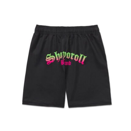 Shoyoroll Batch 149 Retro Gradient BJJ Shorts with a navy-to-turquoise fade and white logo on the left leg. Lightweight, moisture-wicking fabric designed for grappling, displayed on a white background.