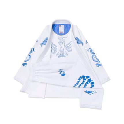 Year of the Snake Albino & Preto BJJ Gi with coiled serpent embroidery on white pearl weave fabric