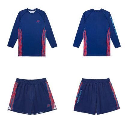 No-Gi rash guard long sleeve and grappling shorts by Albino & Preto Wrasse in navy for BJJ training
