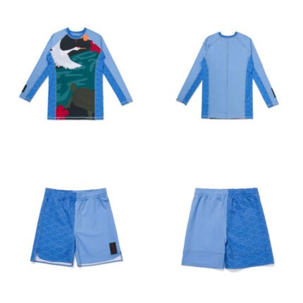 Albino & Preto Origami Rash Guard LS and Shorts in Lobelia Blue Premium BJJ gear for performance and style.