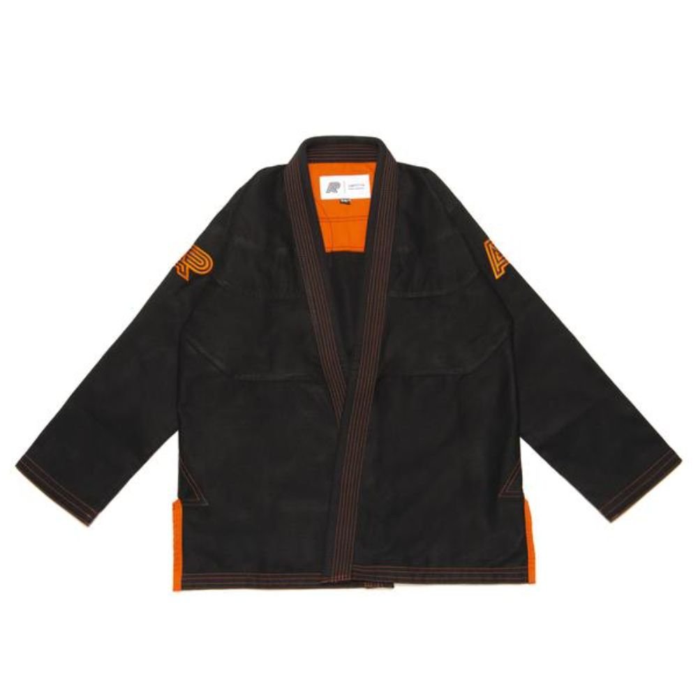 RS350 Bjj Gi: The Albino & Preto Batch #59 Black and Orange Comp Kimono. RS350 Bjj Gi black version of Albino and Preto Batch 59 featuring custom high-contrast orange accent embroidery.