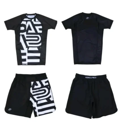 Albino and Preto Batch 19 Distract and Attack Rash Guard SS and Shorts No Gi BJJ set for grappling training and competition