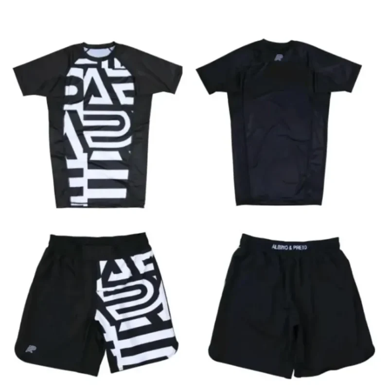 Albino and Preto Batch 19 Distract and Attack Rash Guard SS and Shorts No Gi BJJ set for grappling training and competition