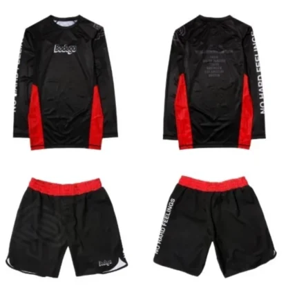 Albino and Preto Batch #33 BJJ MMA Bodega X World Domination Rash Guard long sleeve and shorts No Gi grappling set for MMA and Brazilian Jiu-Jitsu training