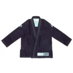 RS350 Bjj Gi Albino and Preto Batch 53 in navy blue featuring custom teal and white accent stitching.