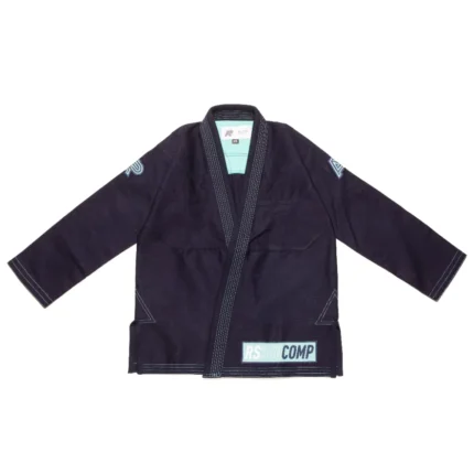 RS350 Bjj Gi Albino and Preto Batch 53 in navy blue featuring custom teal and white accent stitching.