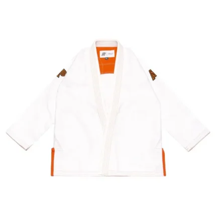 White Albino and Preto Batch 59 Bjj Gi RS350 showing high-density orange logo embroidery on a premium weave.