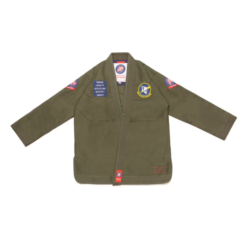 Bjj Gi Olive: The Albino & Preto Batch #60 Mil-Spec Collector Tier Kimono. Bjj Gi olive military specification version of Albino and Preto Batch 60 featuring tonal tactical embroidery.