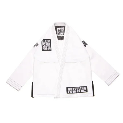 Bjj Gi Grappling Force white performance edition of Albino and Preto Batch 61 featuring clean high-density typography embroidery.