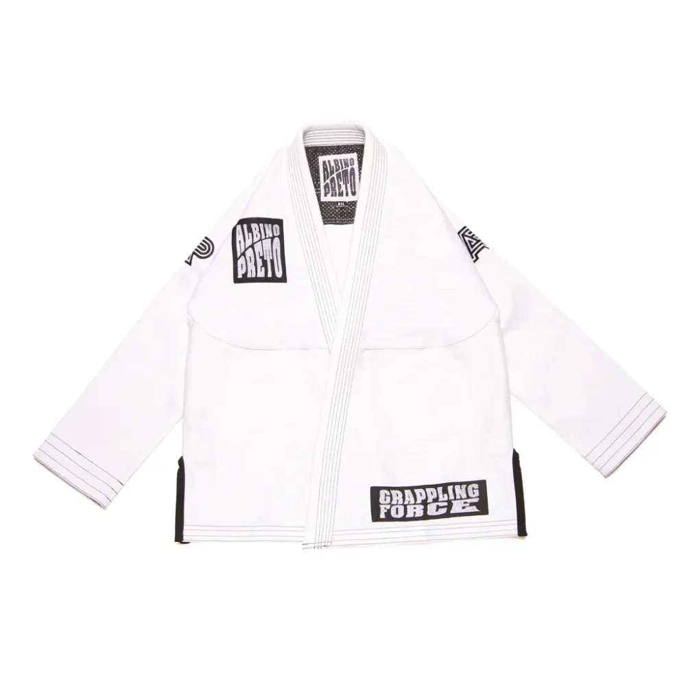 Bjj Gi Grappling Force: The Albino & Preto Batch #61 White Collector Tier Kimono. Bjj Gi Grappling Force white performance edition of Albino and Preto Batch 61 featuring clean high-density typography embroidery.