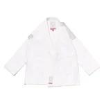 Bjj Gi Herringbone Classic white version of Albino and Preto Batch 62 showcasing the unique textured fabric weave pattern.