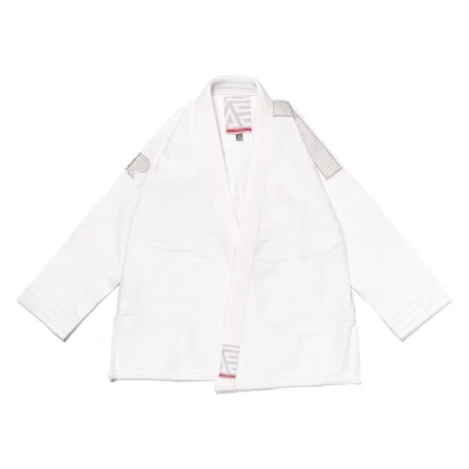 Bjj Gi Herringbone Classic white version of Albino and Preto Batch 62 showcasing the unique textured fabric weave pattern.