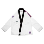 Bearbrick Bjj Gi white version of Albino and Preto Batch 63 showcasing custom designer toy brand embroidery details.
