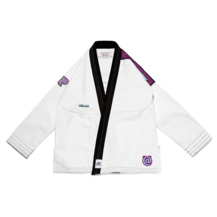 Bearbrick Bjj Gi white version of Albino and Preto Batch 63 showcasing custom designer toy brand embroidery details.