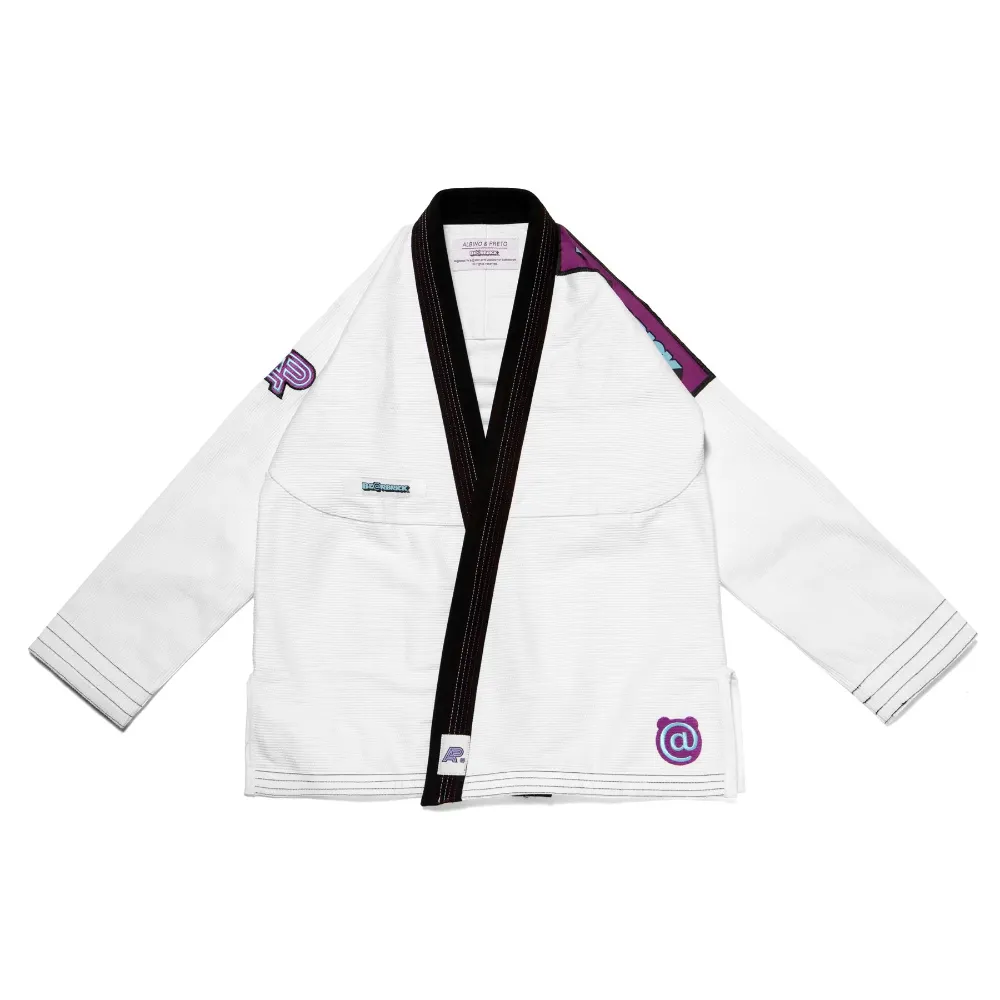 Bearbrick Bjj Gi: The Albino & Preto Batch #63 White Collector Tier Kimono. Bearbrick Bjj Gi white version of Albino and Preto Batch 63 showcasing custom designer toy brand embroidery details.