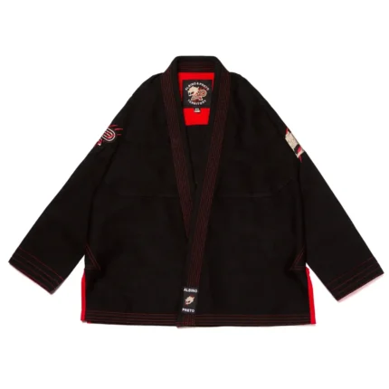 Territory Bjj Gi black version of Albino and Preto Batch 64 showcasing structural seam reinforcing and custom direct embroidery.