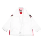 Bjj Gi Territory white version of Albino and Preto Batch 64 showcasing structural seam reinforcing and custom direct embroidery.
