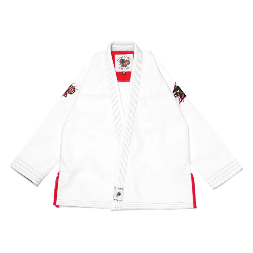 Bjj Gi Territory: The Albino & Preto Batch #64 White Collector Tier Kimono. Bjj Gi Territory white version of Albino and Preto Batch 64 showcasing structural seam reinforcing and custom direct embroidery.