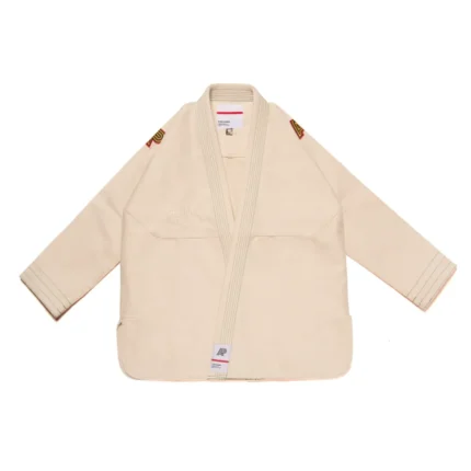 Tri-Color Bjj Gi unbleached edition of Albino and Preto Batch 65 OGB showcasing natural cream cotton weave and triple-tone accent stitching.
