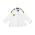 Albino and Preto Batch 66 Monaco BJJ Gi in white showing teal and yellow shoulder embroidery and woven artwork patches