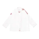 Herringbone Bjj Gi Classic showcase of the Albino and Preto Batch #68 Q3 white uniform featuring specialized durable weave styling and custom brand embroidery.