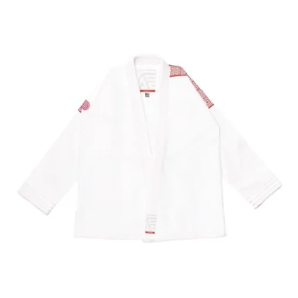Herringbone Bjj Gi Classic showcase of the Albino and Preto Batch #68 Q3 white uniform featuring specialized durable weave styling and custom brand embroidery.