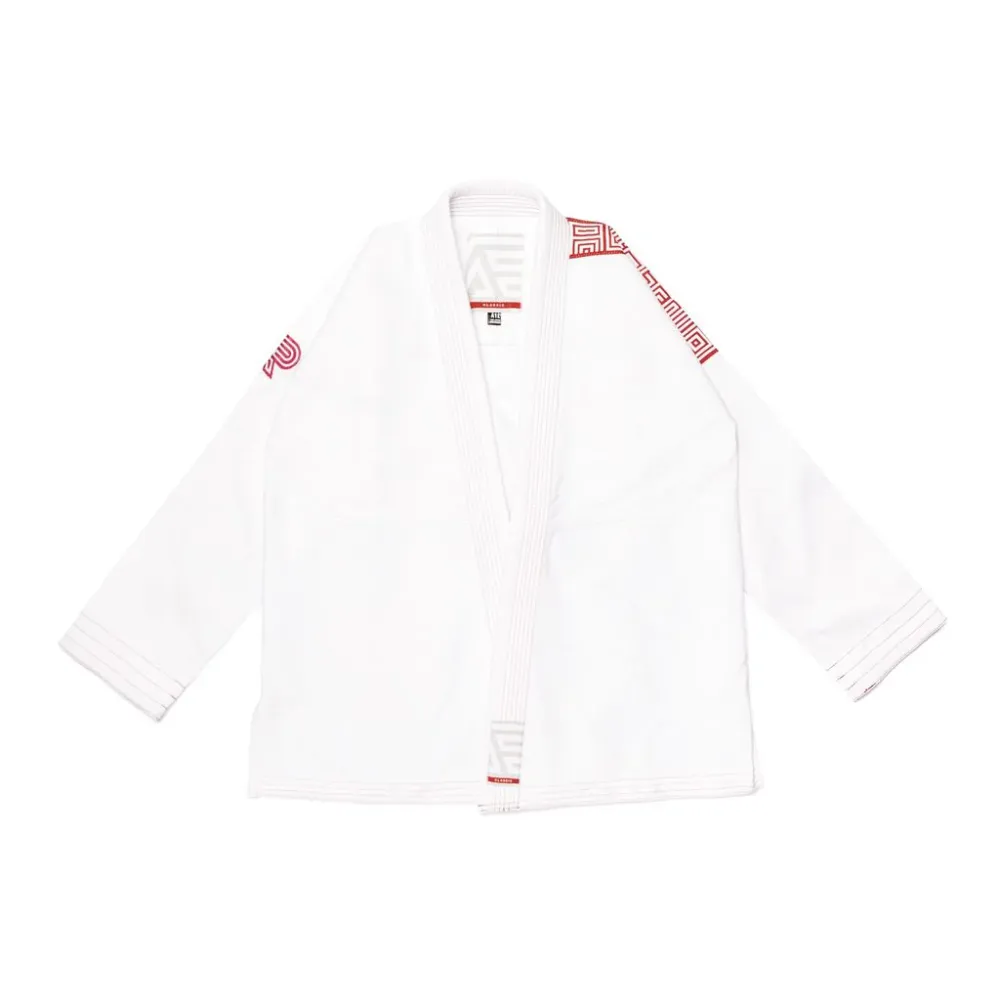 Herringbone Bjj Gi Classic showcase of the Albino and Preto Batch #68 Q3 white uniform featuring specialized durable weave styling and custom brand embroidery. Herringbone Bjj Gi Classic showcase of the Albino and Preto Batch #68 Q3 white uniform featuring specialized durable weave styling and custom brand embroidery.