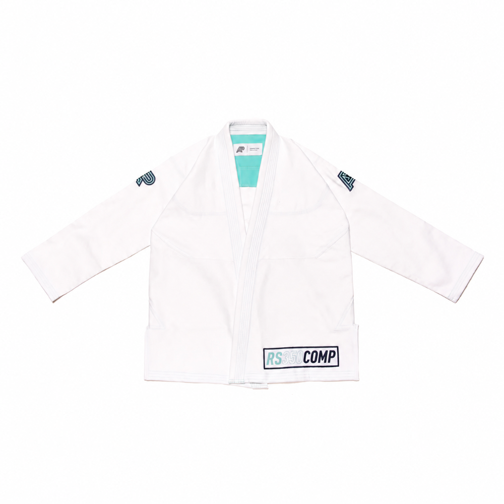 RS350 Bjj Gi White: The Albino & Preto Batch #53 Comp Kimono. RS350 Bjj Gi white version of Albino and Preto Batch 53 featuring custom teal and navy accent stitching.