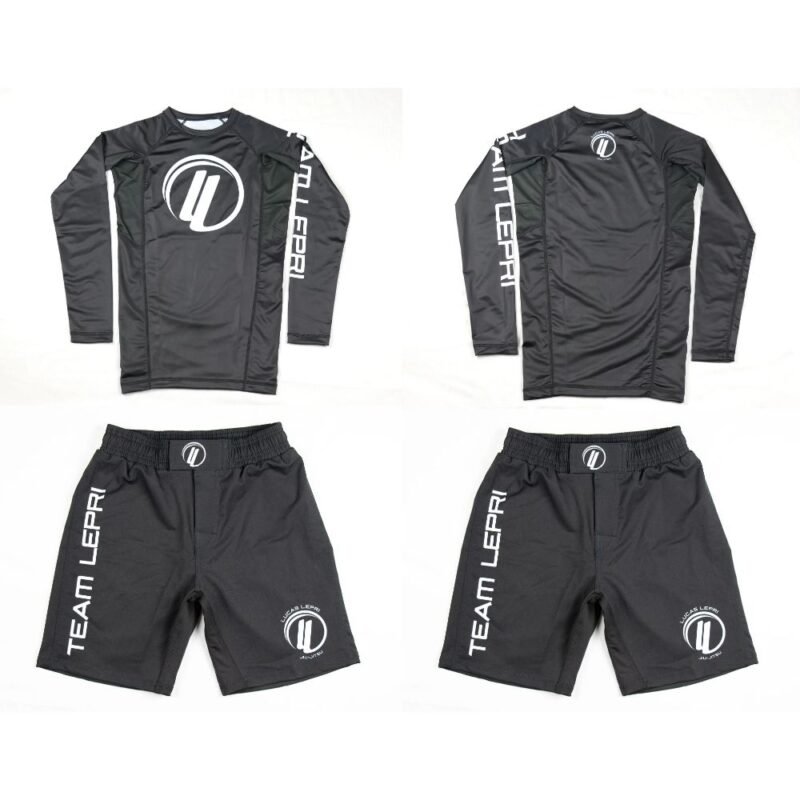 BJJ MMA no gi set by Albino and Preto A&P x Lucas Lepri long sleeve rash guard and grappling shorts