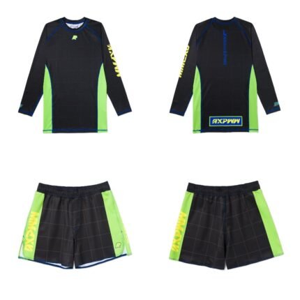 Albino and Preto Apex MMA BJJ Set black long sleeve rash guard and grappling shorts for no gi training
