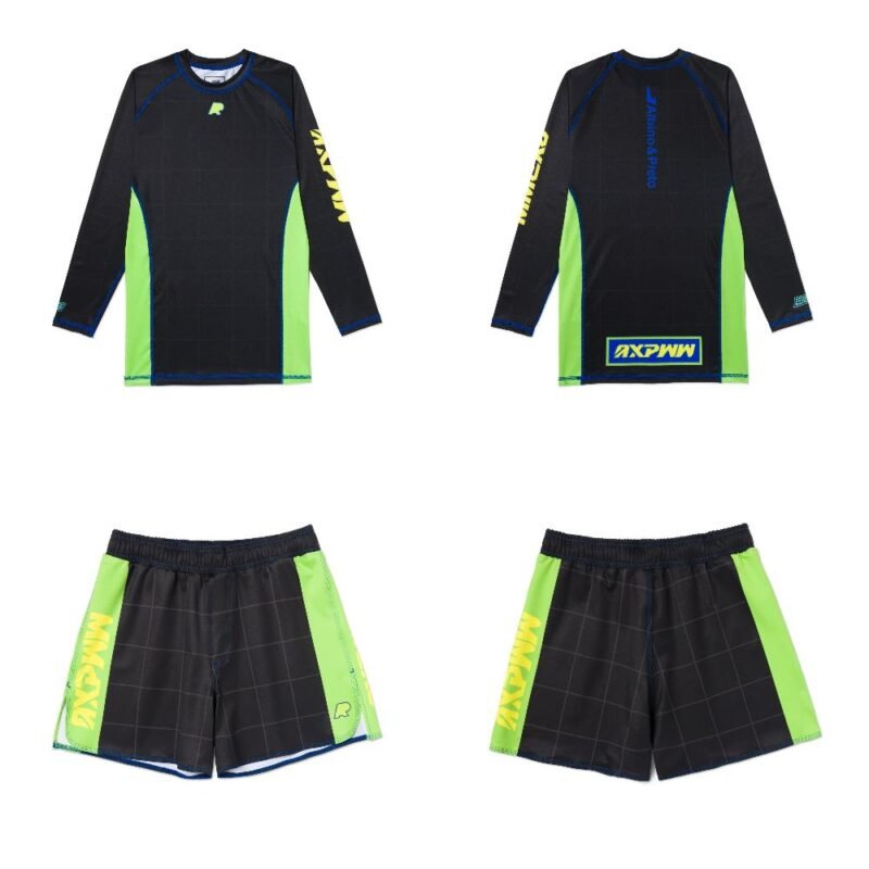 Albino and Preto Apex MMA BJJ Set black long sleeve rash guard and grappling shorts for no gi training