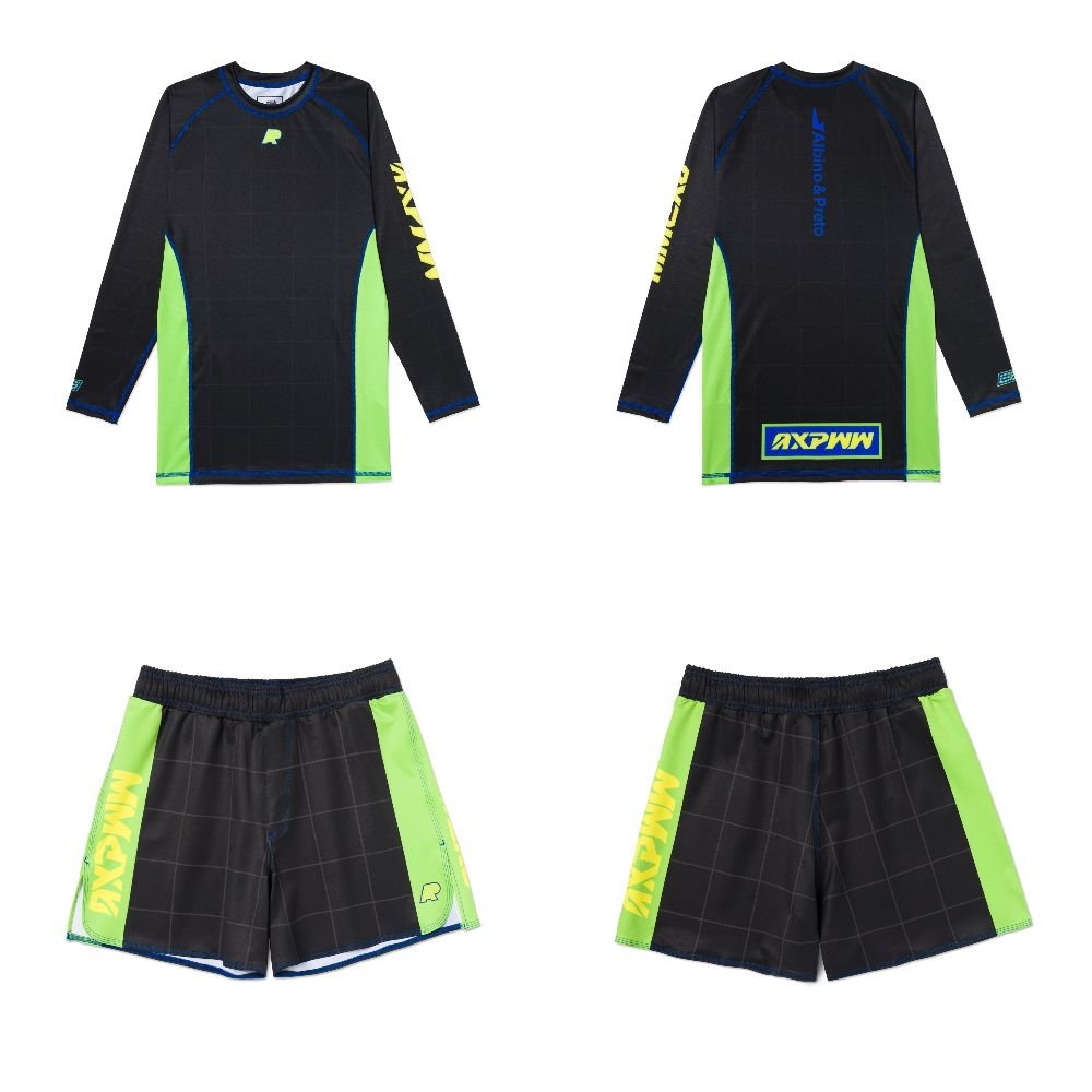 Albino and Preto Apex MMA BJJ Set Black Albino and Preto Apex MMA BJJ Set black long sleeve rash guard and grappling shorts for no gi training